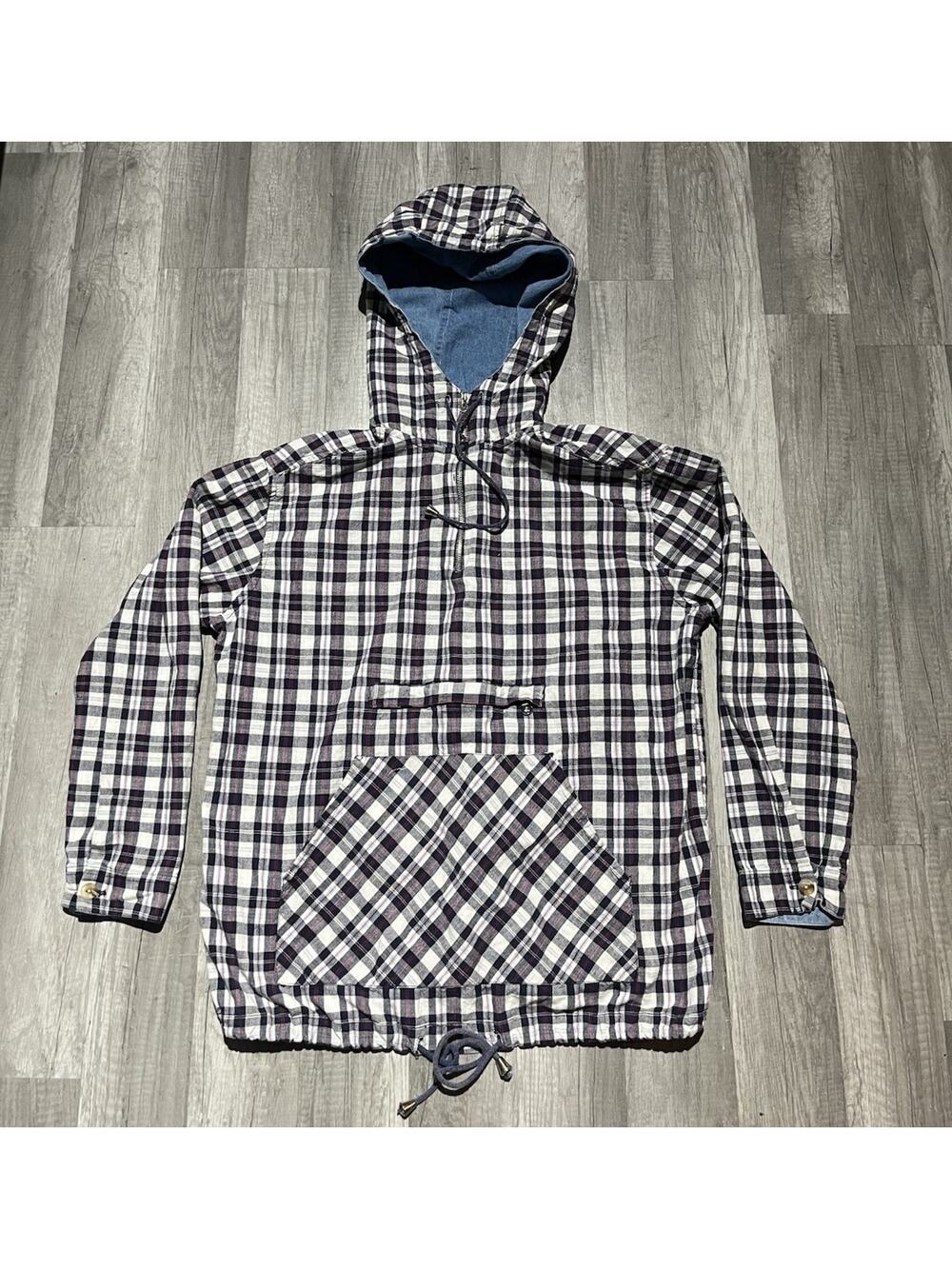 Women’s Medium Fashion Bug Jacket Plaid Blue White Black Full Zip